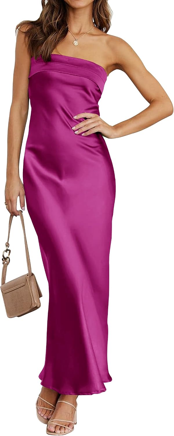 Satin Strapless Backless Bodycon Maxi Dress in Eggplant