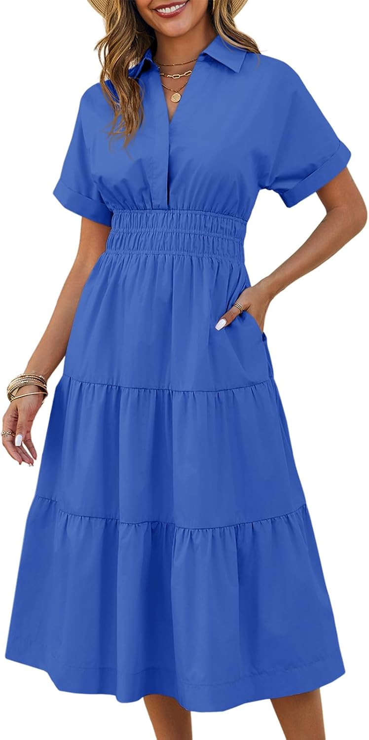 Collared Short-Sleeve Tiered Maxi Shirt Dress in Blue