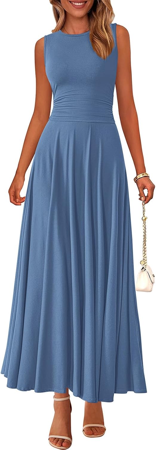 Rib Knit Crew-Neck Sleeveless A-Line Maxi Dress in Dusty Blue