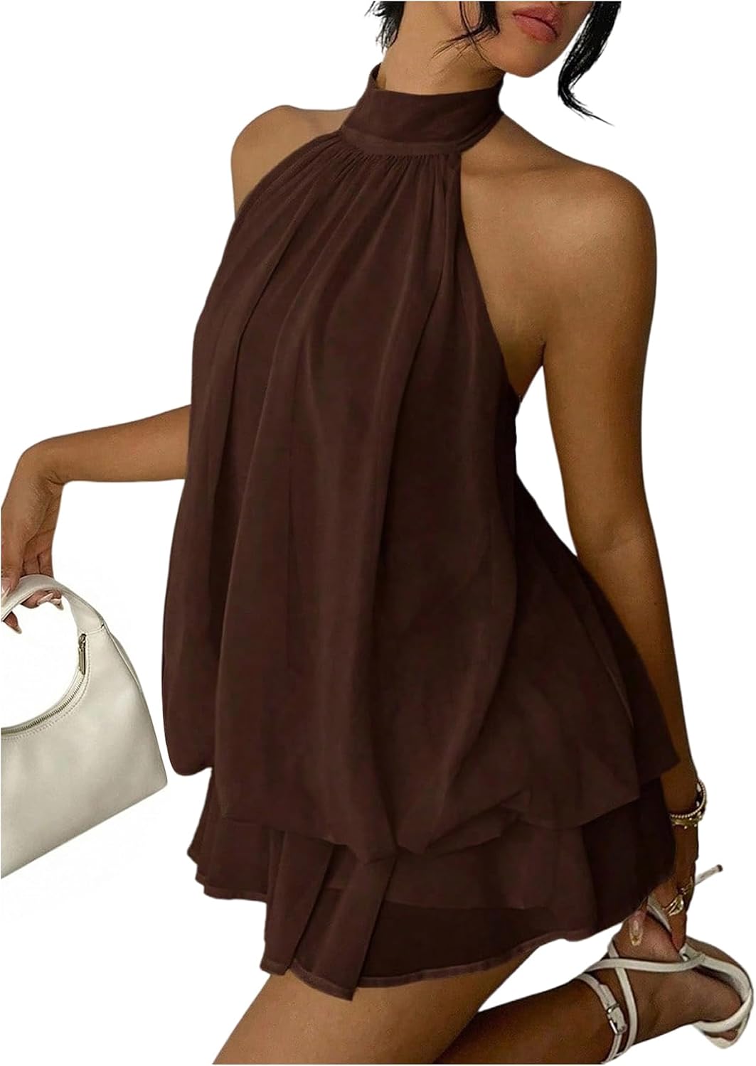 Chiffon Halter Drop-Waist Ruffle-Hem Mini Dress in Chocolate Brown