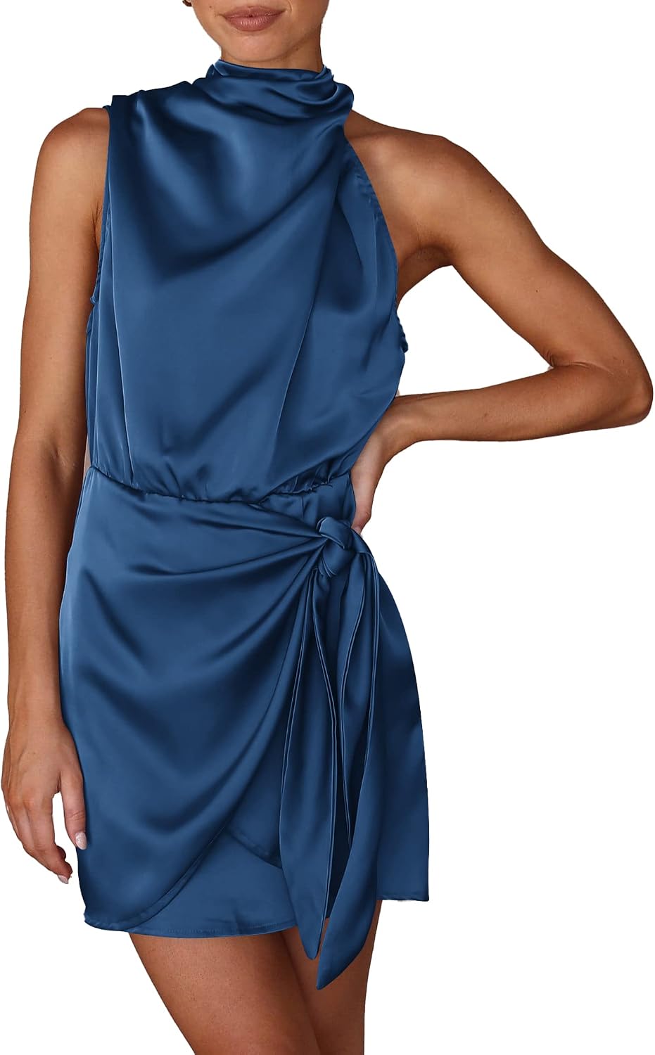 Satin Mock-Neck Asymmetric Ruched Cocktail Dress in Dark Blue