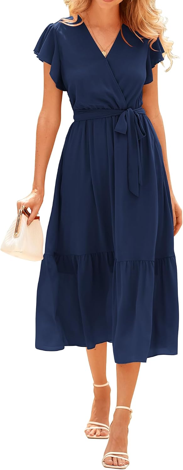 Swiss Dot Wrap V-Neck Belted Midi Dress in Solid Navy