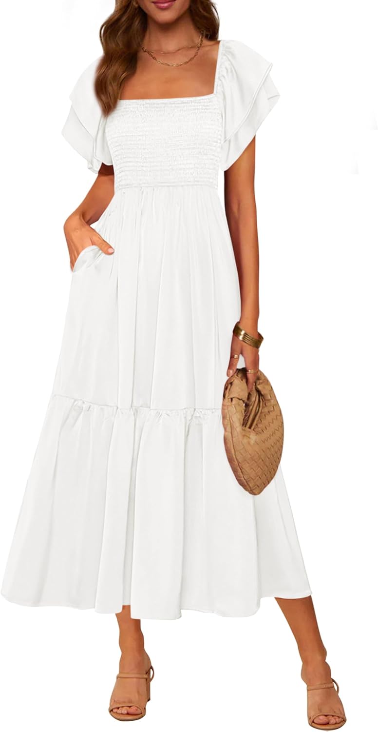 Smocked Square-Neck Ruffle-Sleeve Tiered Midi Dress in White