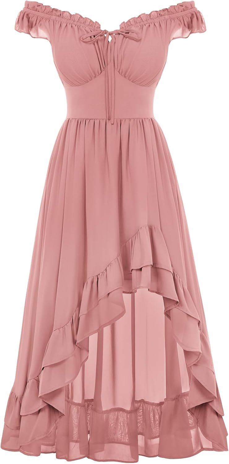 Off-Shoulder Chiffon Corset High-Low Dress in Light Pink