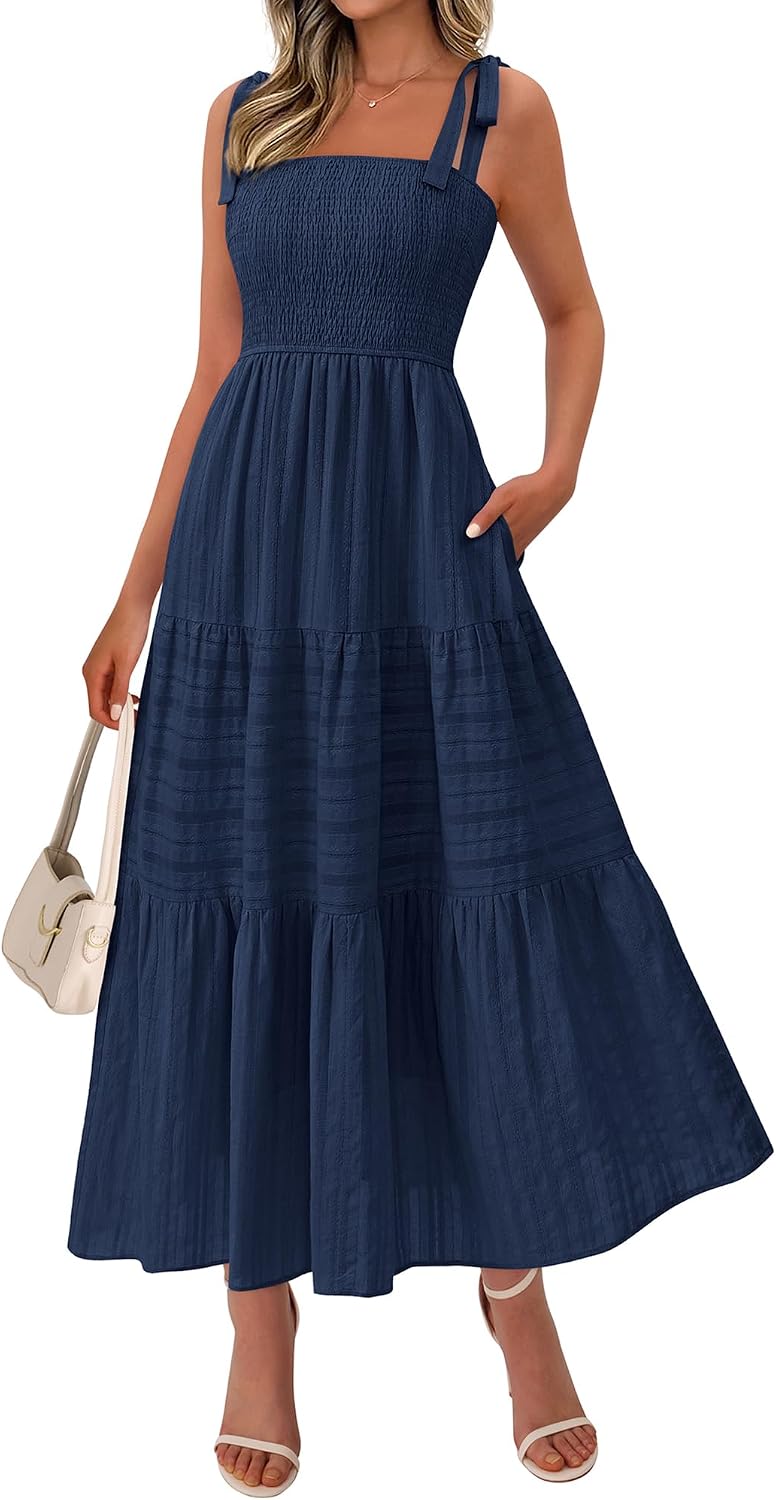 Tie-Strap Smocked Tiered Maxi Sundress in Navy Blue