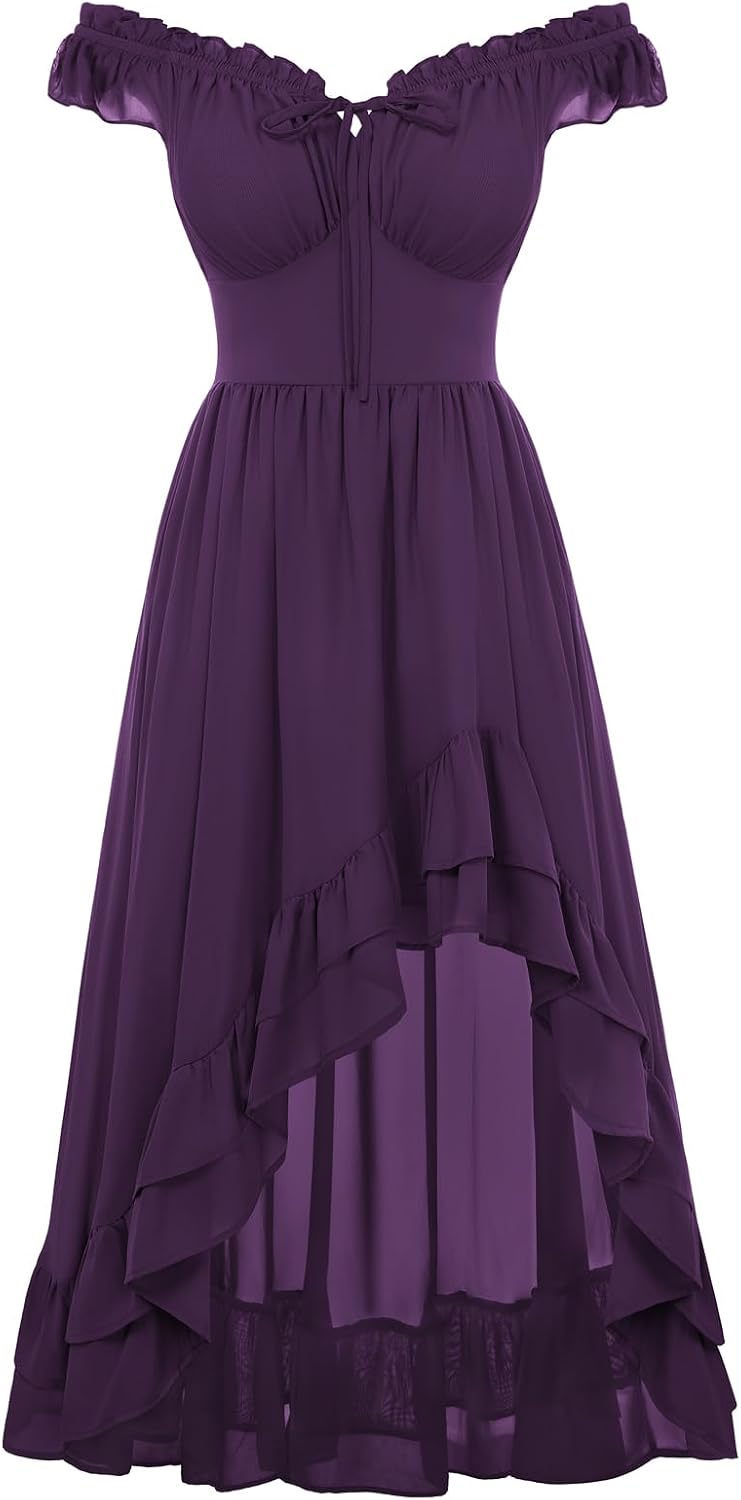 Off-Shoulder Chiffon Corset High-Low Dress in Crown Jewel
