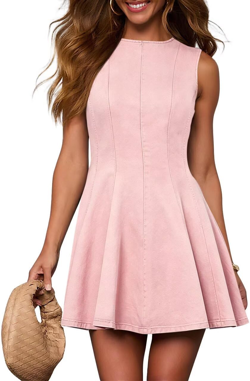 Sleeveless Denim Babydoll Mini Dress in Pink