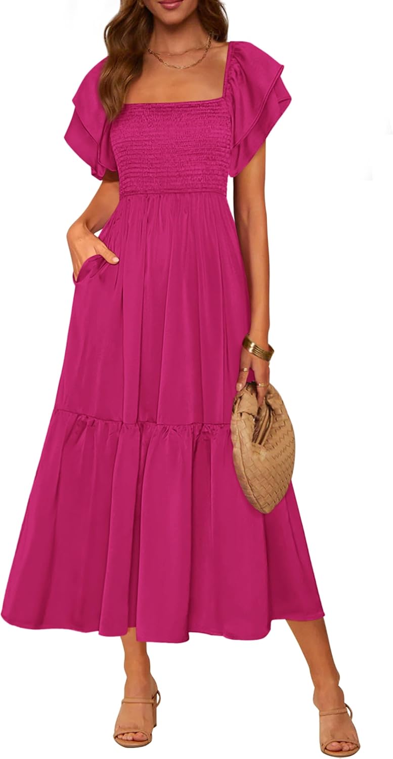 Smocked Square-Neck Ruffle-Sleeve Tiered Midi Dress in Rose Red