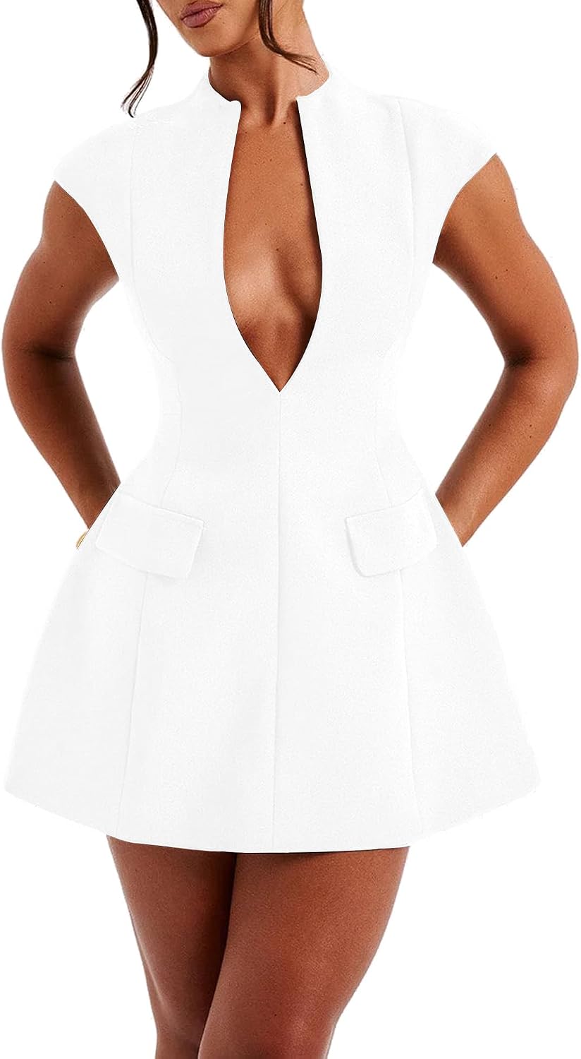 Deep V-Neck Cap-Sleeve Zip A-Line Mini Dress in White