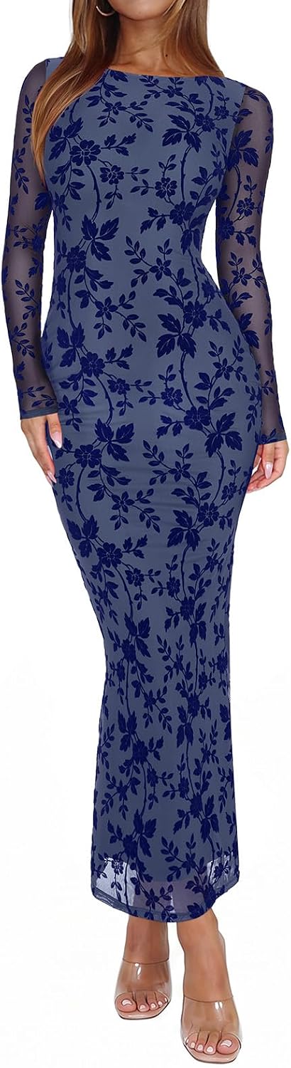 Sheer Mesh Long-Sleeve Floral Bodycon Maxi Dress in Cocoa Dusty Blue Flower