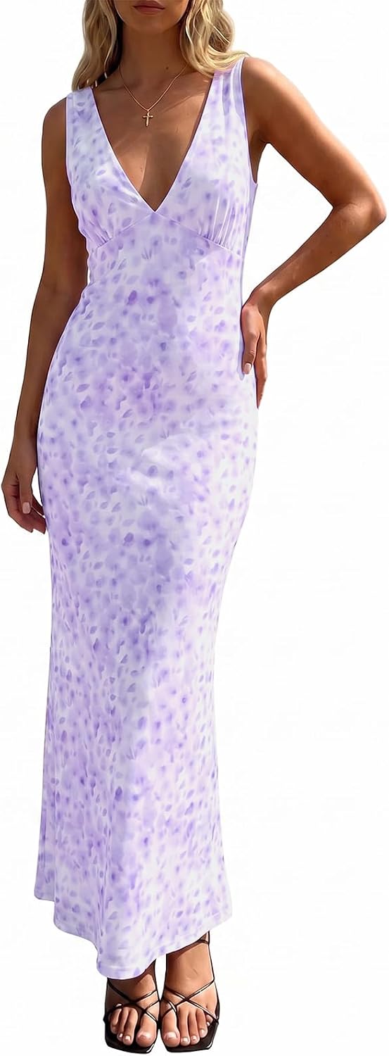 Polka Dot Mesh Deep V-Neck Backless Maxi Dress in Light Purple