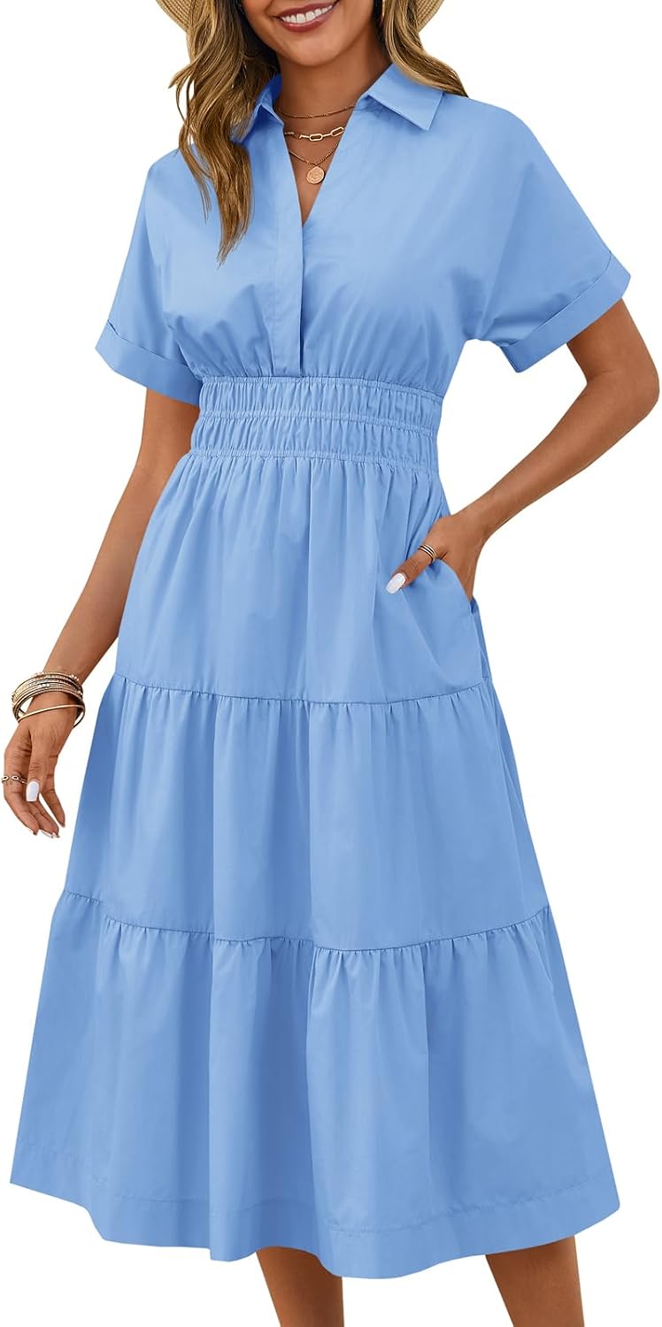 Collared Short-Sleeve Tiered Maxi Shirt Dress in Sky Blue