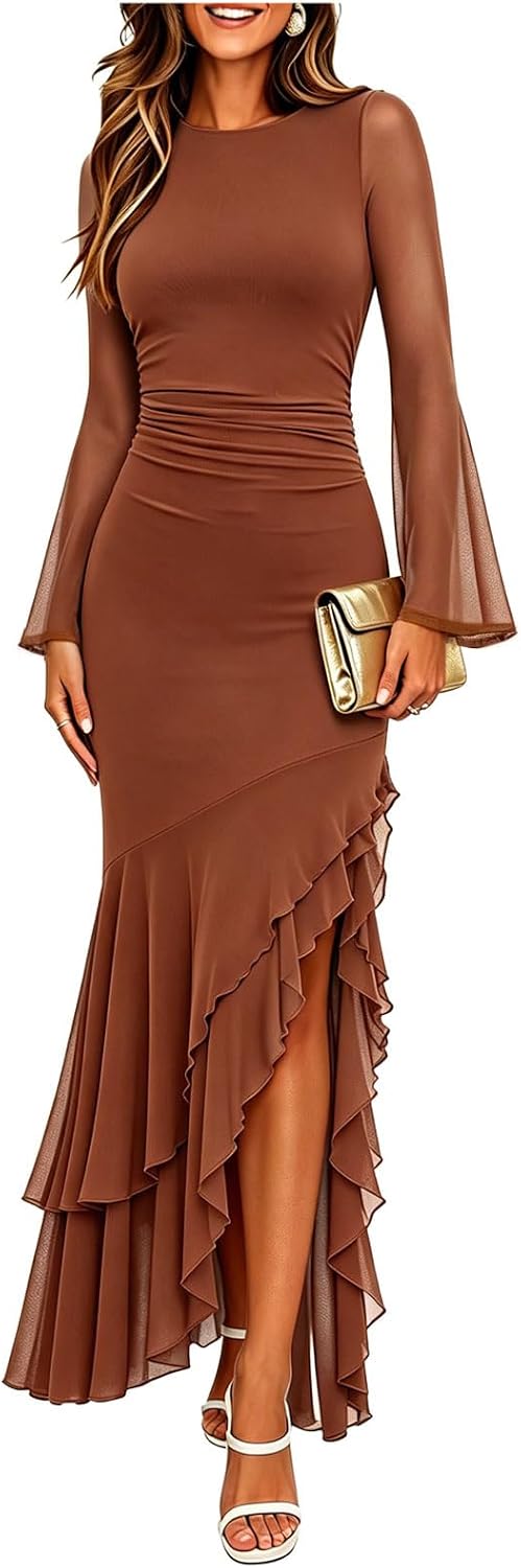 Ruched Mesh Long-Sleeve Mermaid Maxi Dress in Caramel