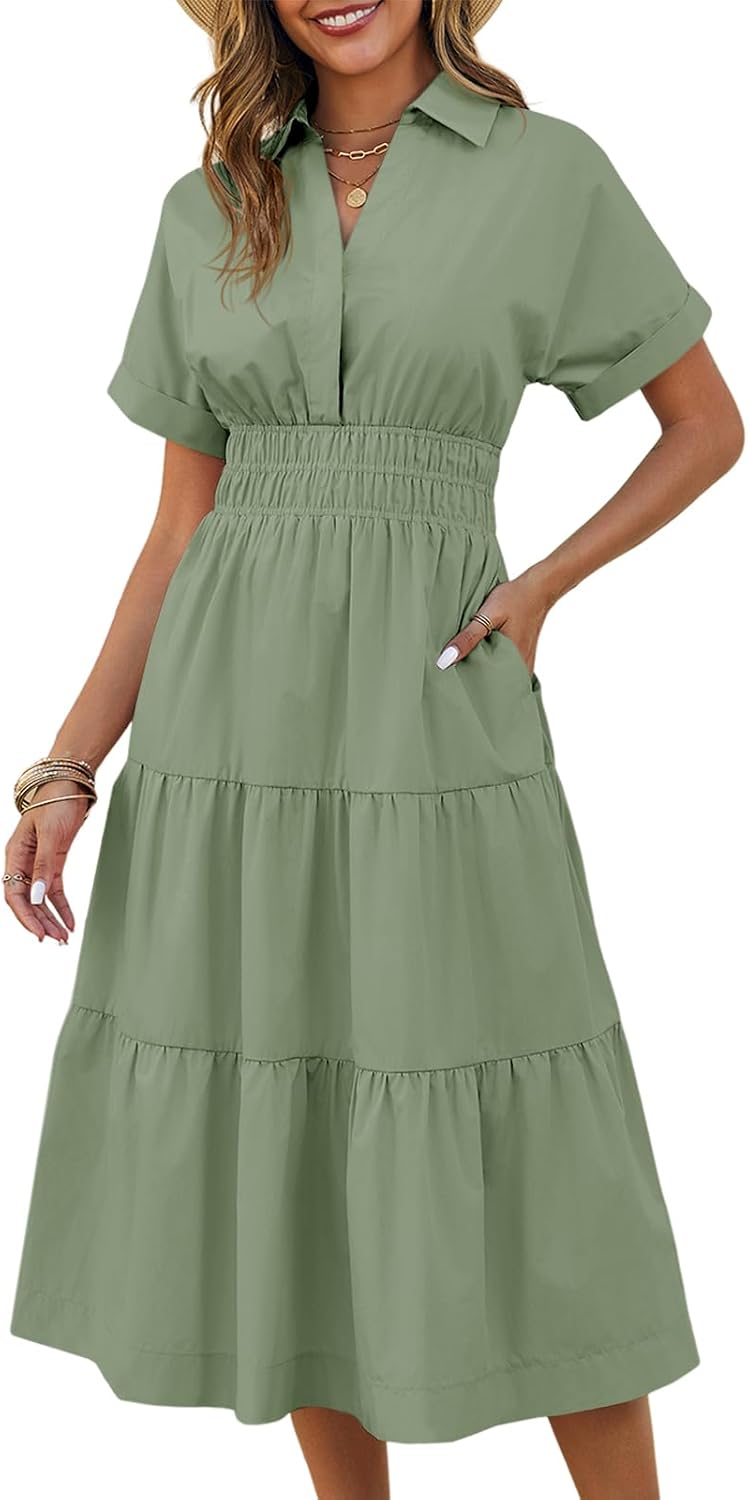 Collared Short-Sleeve Tiered Maxi Shirt Dress in Pea Green