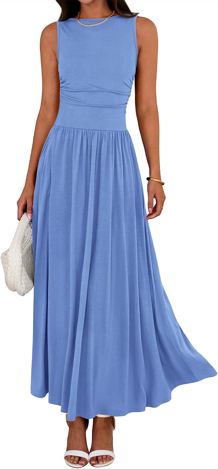 Crew-Neck Ruched Tank Maxi Dress in Light Blue