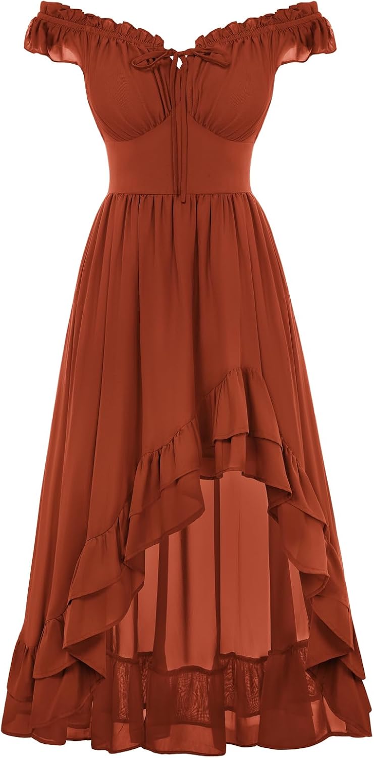 Off-Shoulder Chiffon Corset High-Low Dress in Brown Orange