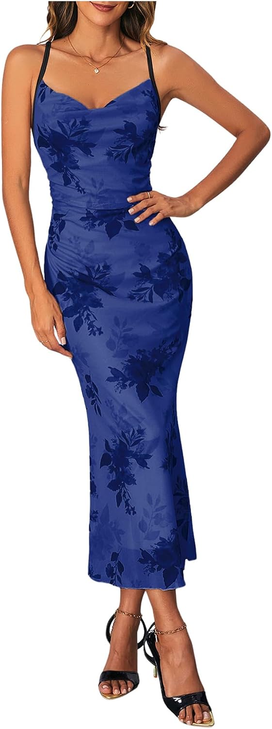 Floral Mesh Cowl-Neck Cami Maxi Dress in Royal Blue