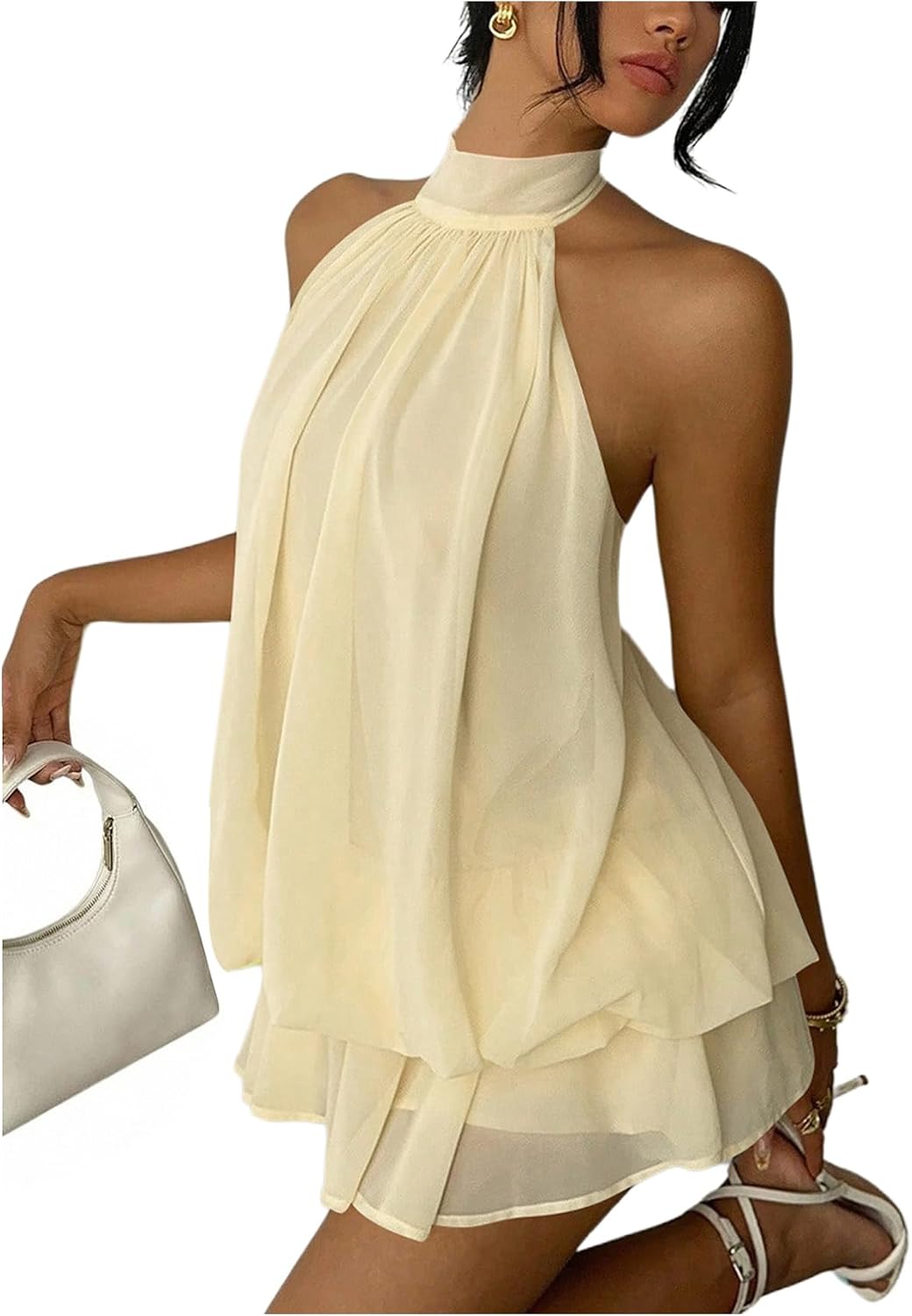 Chiffon Halter Drop-Waist Ruffle-Hem Mini Dress in Apricot