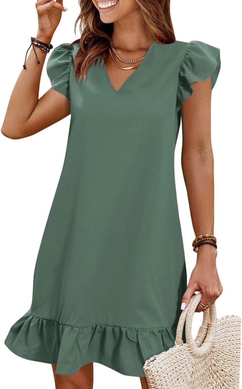 Flutter-Sleeve V-Neck Ruffle-Hem Mini Sundress in Blackish Green