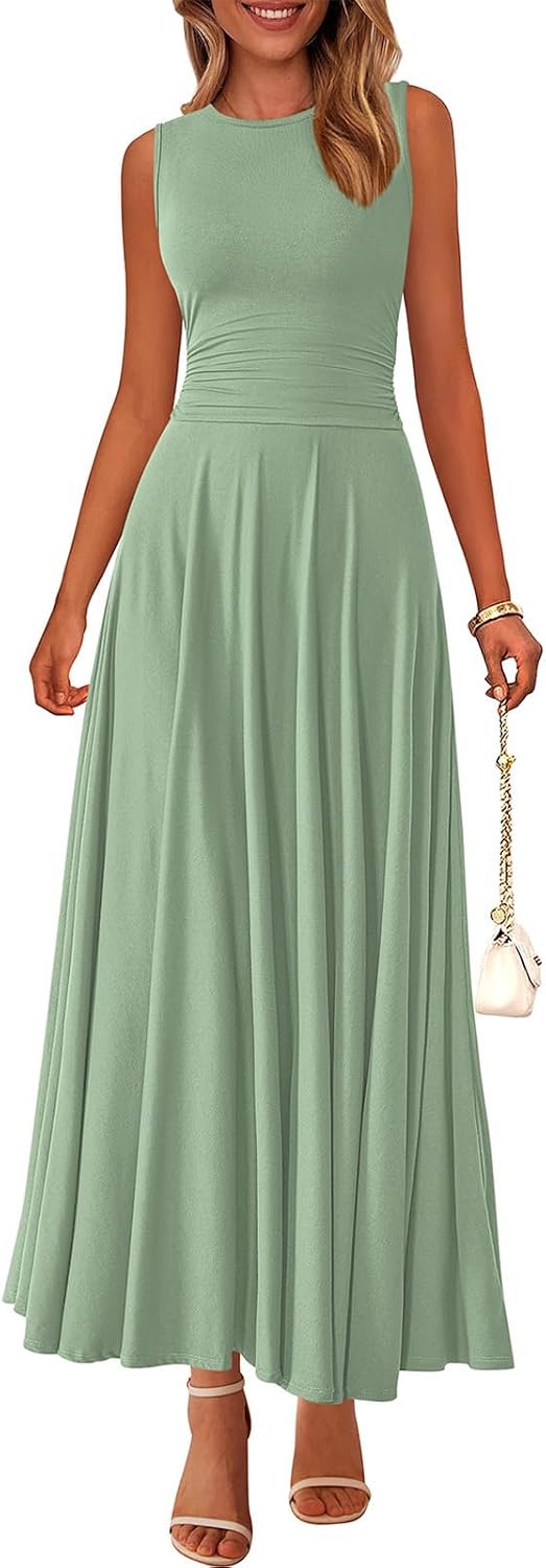 Rib Knit Crew-Neck Sleeveless A-Line Maxi Dress in Grey Green