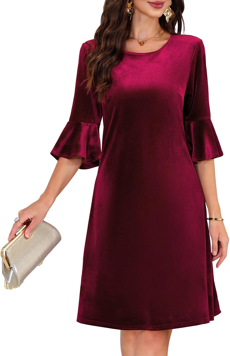 Chiffon Bell-Sleeve Crew-Neck A-Line Dress in Wine Red, style 2
