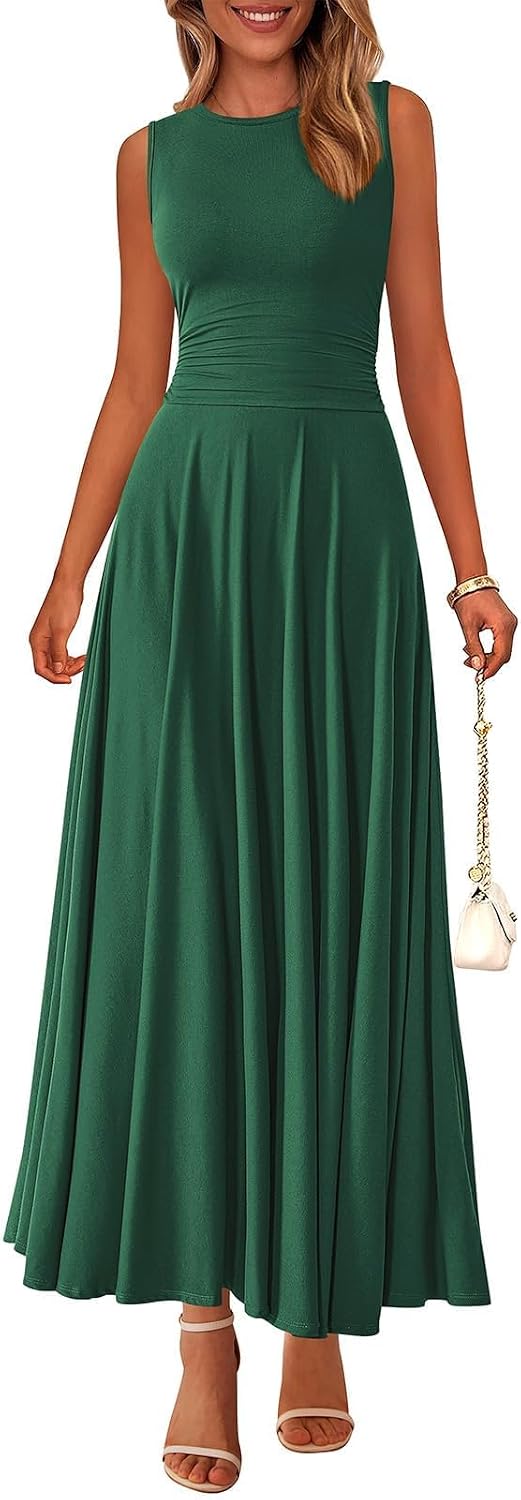 Rib Knit Crew-Neck Sleeveless A-Line Maxi Dress in Dark Green