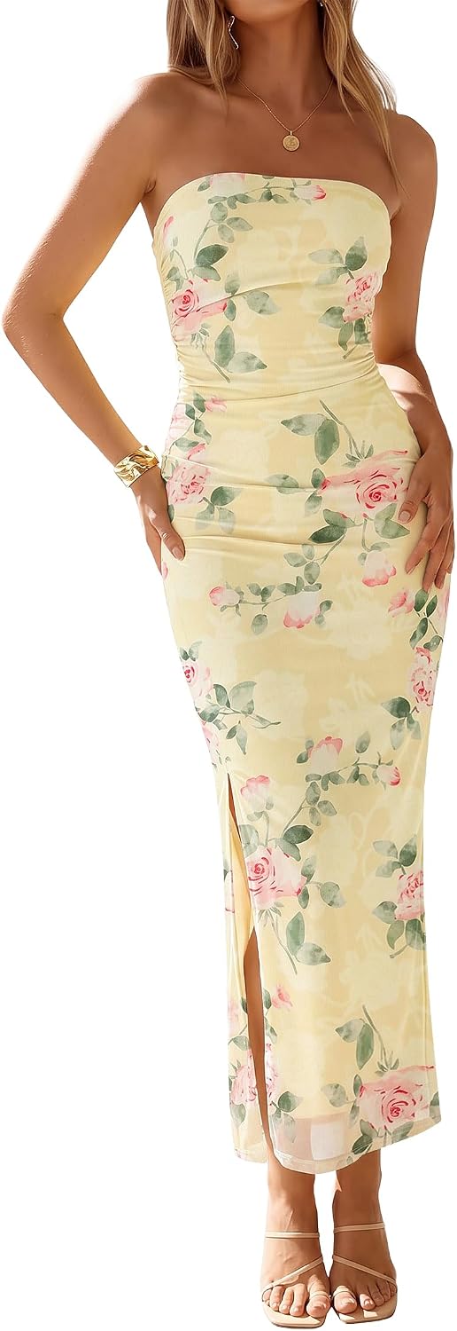 Floral Strapless Ruched Mesh Maxi Dress in Floral Yellow