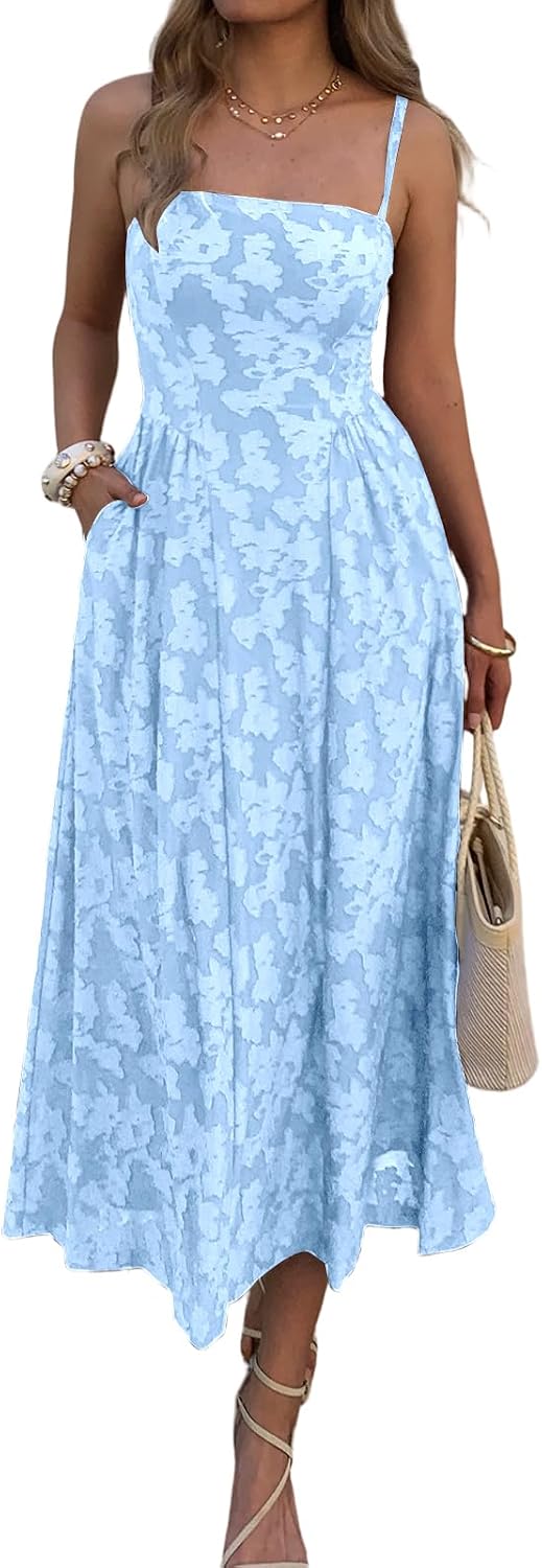 Floral Jacquard Square-Neck Maxi Dress in Blue
