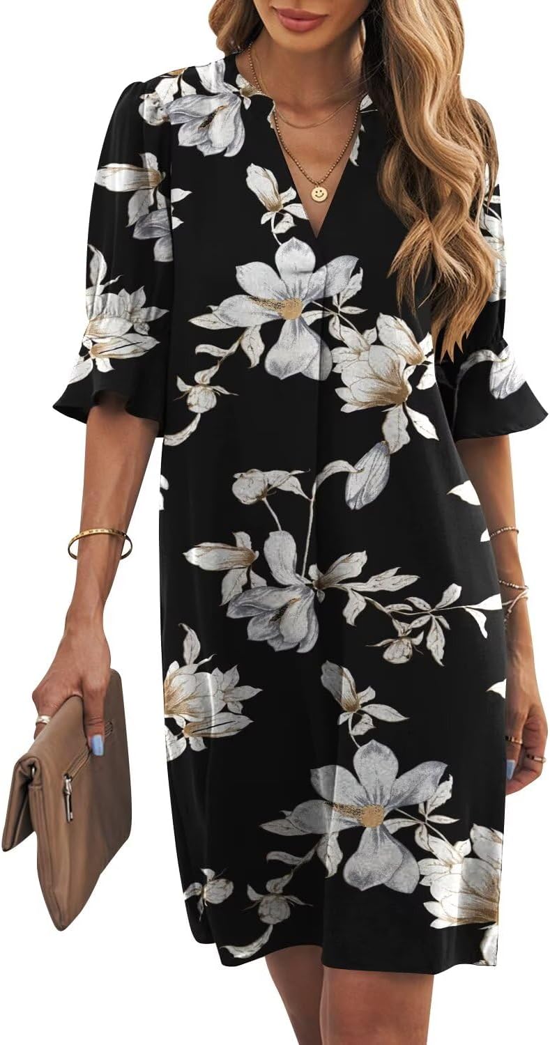 Ruffle-Sleeve V-Neck Swing Shift Mini Dress in Black Flowers