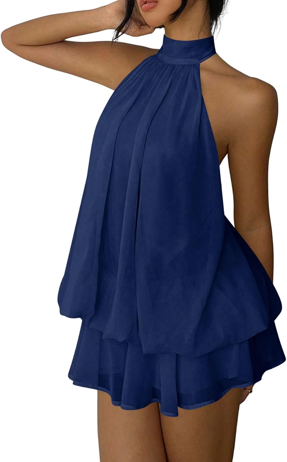 Chiffon Halter Drop-Waist Ruffle-Hem Mini Dress in Dark Blue
