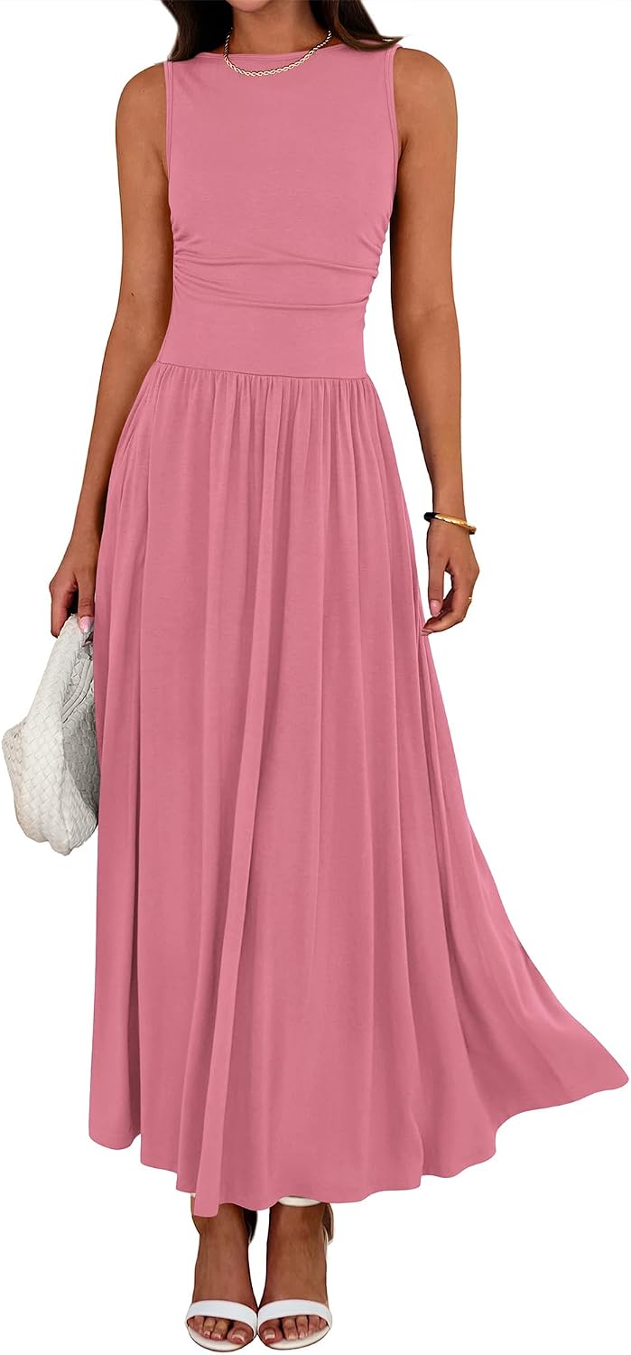 Crew-Neck Ruched Tank Maxi Dress in Pink