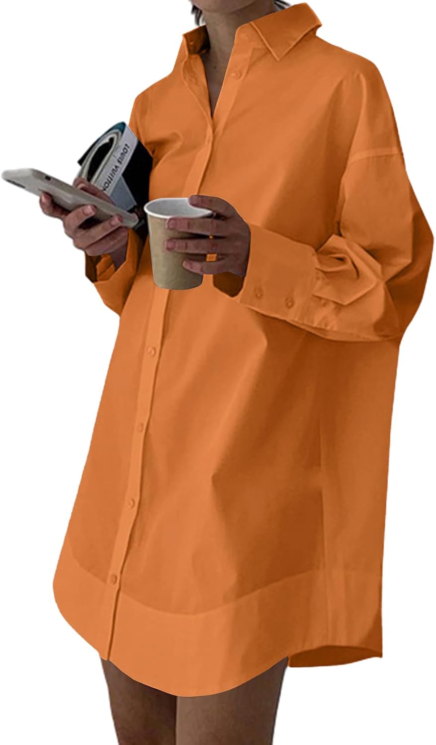 Collared V-Neck Long-Sleeve Button-Down Shirt Dress in Solid Ginger