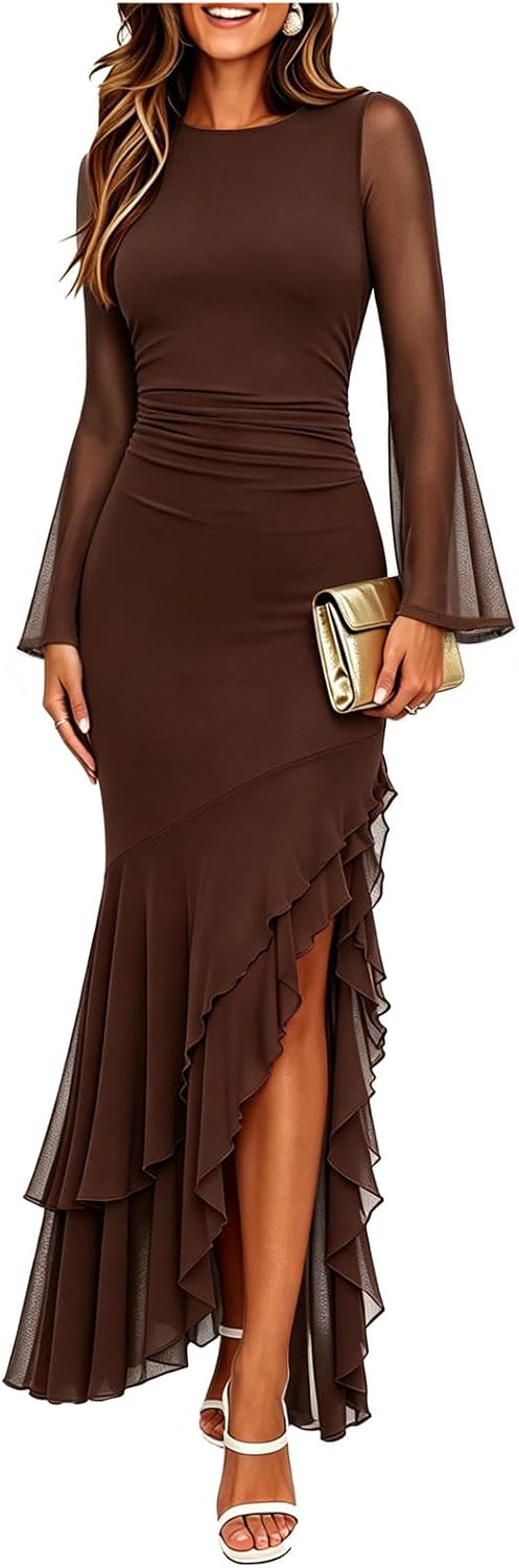 Ruched Mesh Long-Sleeve Mermaid Maxi Dress in Coffee