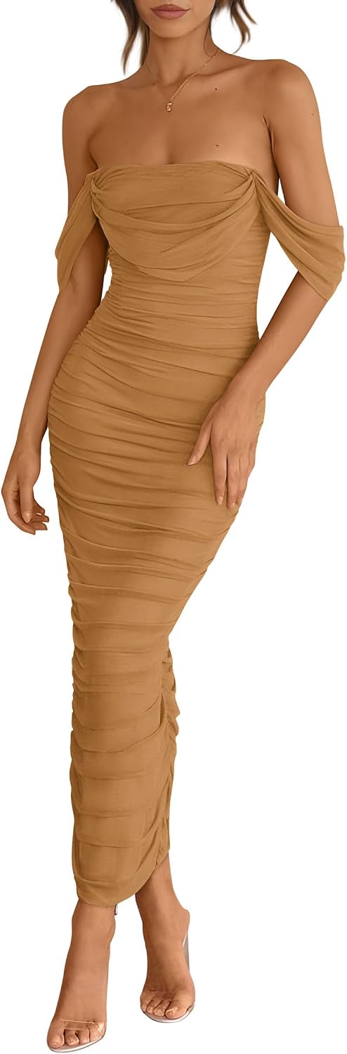 Off-Shoulder Ruched Mesh Maxi Dress with Back Slit in Brown
