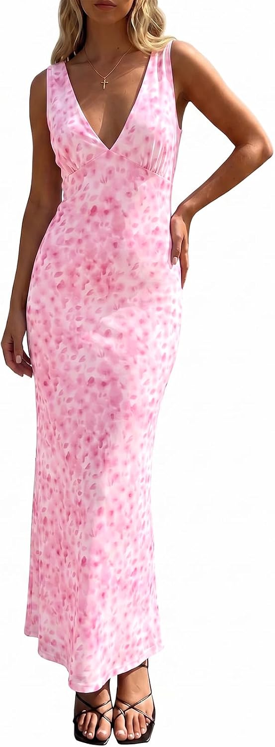Polka Dot Mesh Deep V-Neck Backless Maxi Dress in Pink