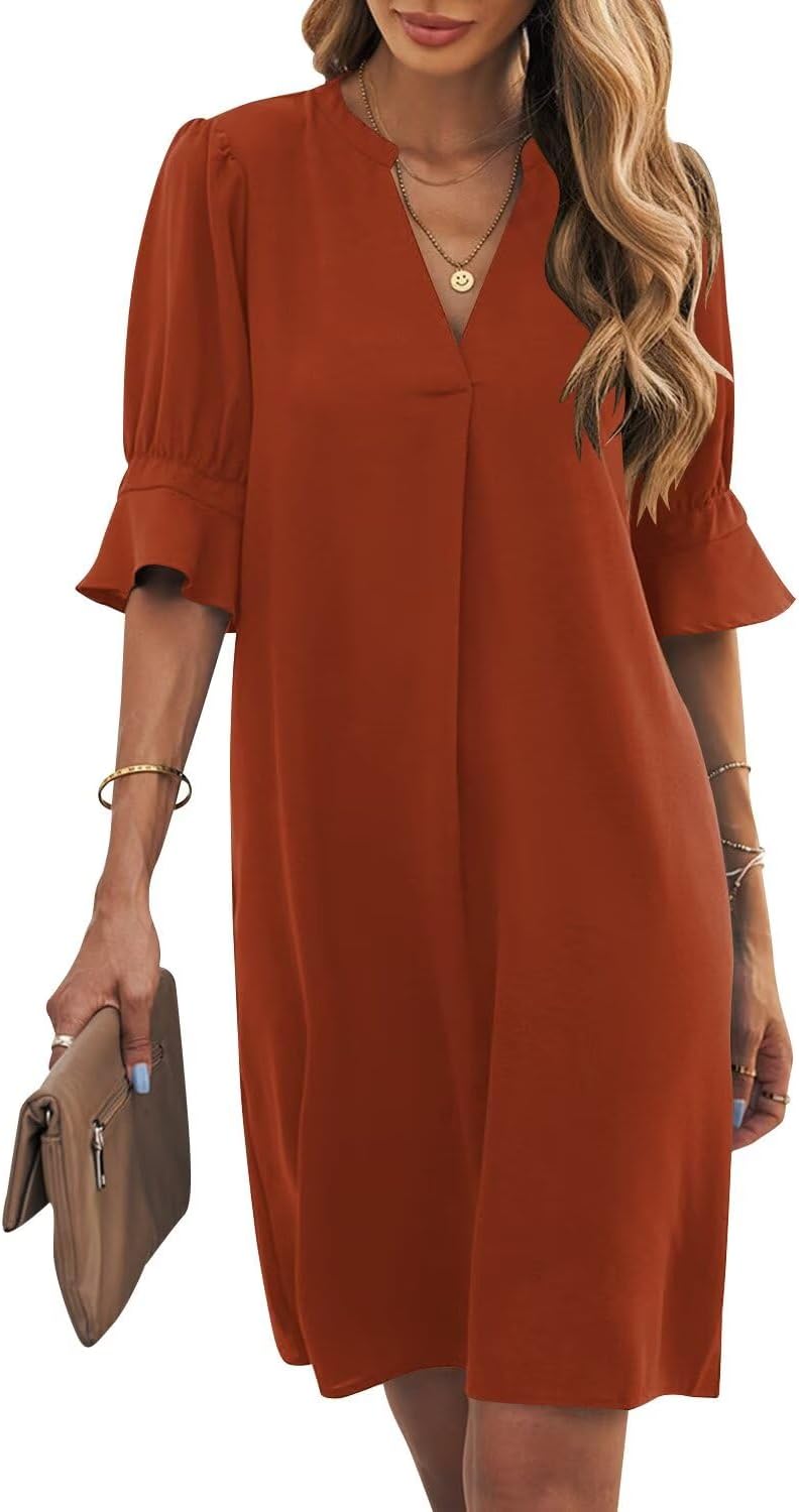 Ruffle-Sleeve V-Neck Swing Shift Mini Dress in Brown