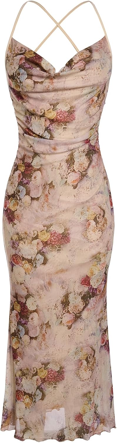 Floral Mesh Cowl-Neck Cami Maxi Dress in Multi Apricot Floral