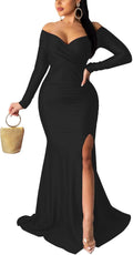 Off-Shoulder Wrap V-Neck Mermaid Evening Gown in Black, style 645