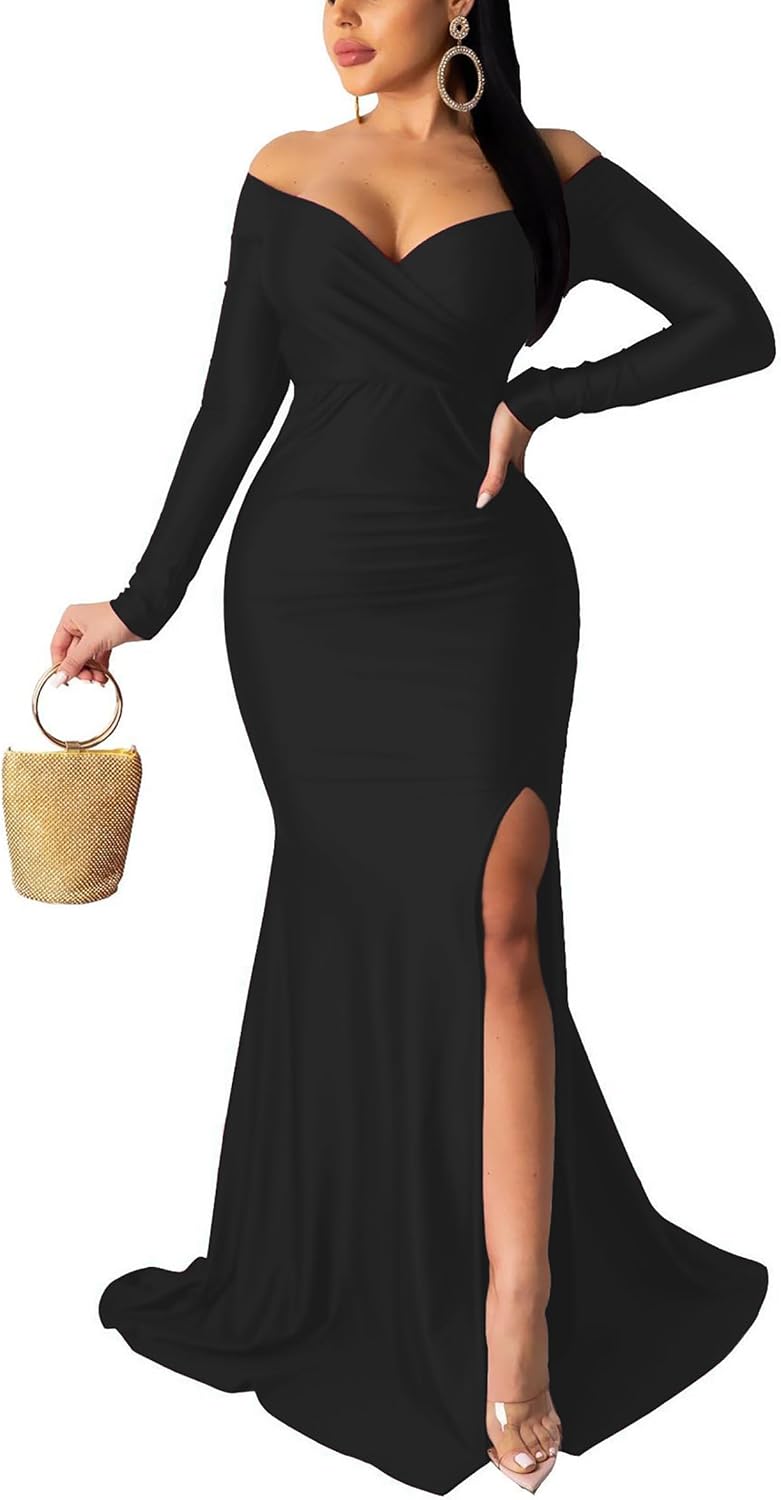 Off-Shoulder Wrap V-Neck Mermaid Evening Gown in Black, style 645