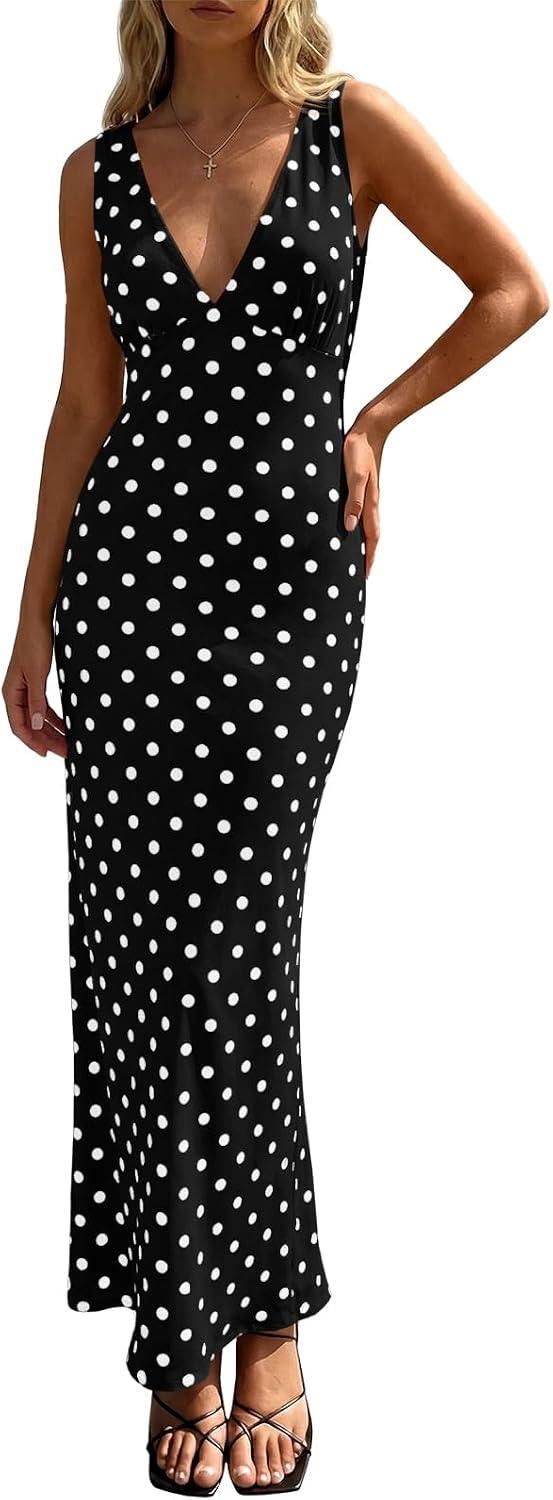 Polka Dot Mesh Deep V-Neck Backless Maxi Dress in Black