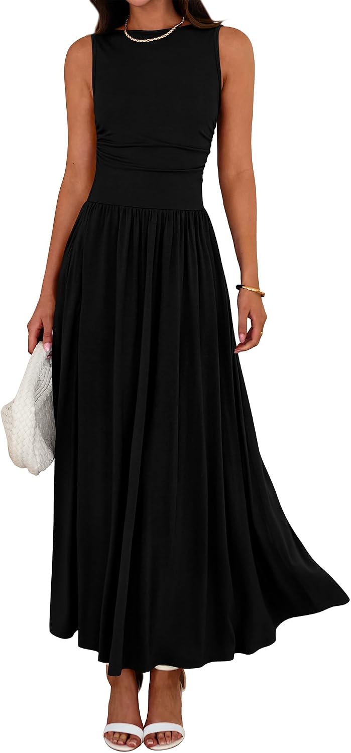Crew-Neck Ruched Tank Maxi Dress in Black