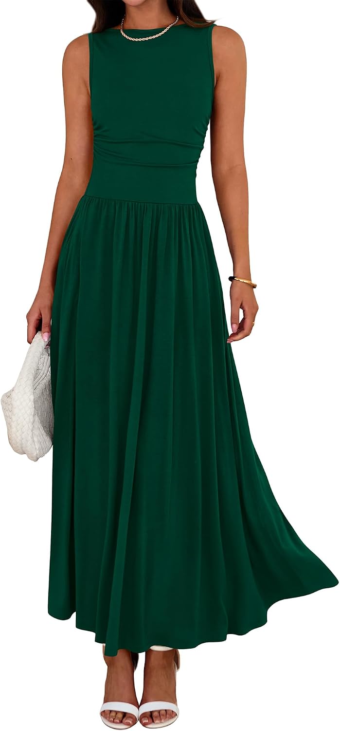 Crew-Neck Ruched Tank Maxi Dress in Dark Green