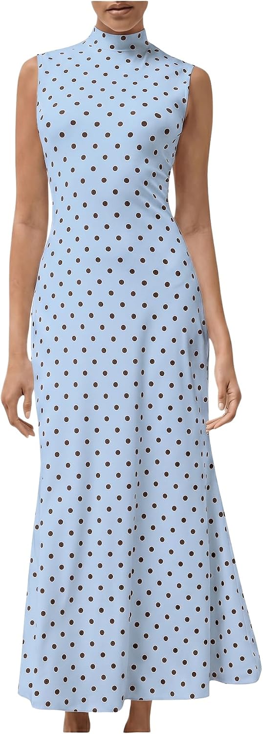 Polka Dot Mock-Neck Sleeveless Maxi Dress in Light Blue