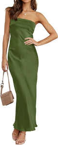 Satin Strapless Backless Bodycon Maxi Dress in Army Green