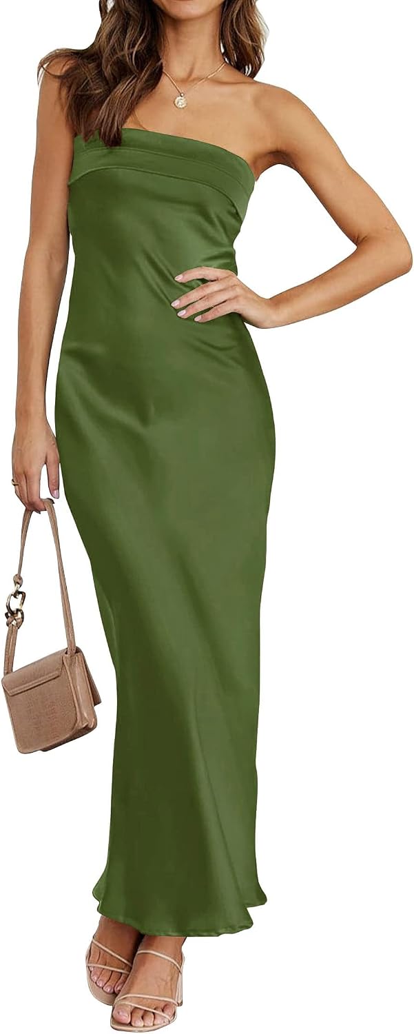 Satin Strapless Backless Bodycon Maxi Dress in Army Green