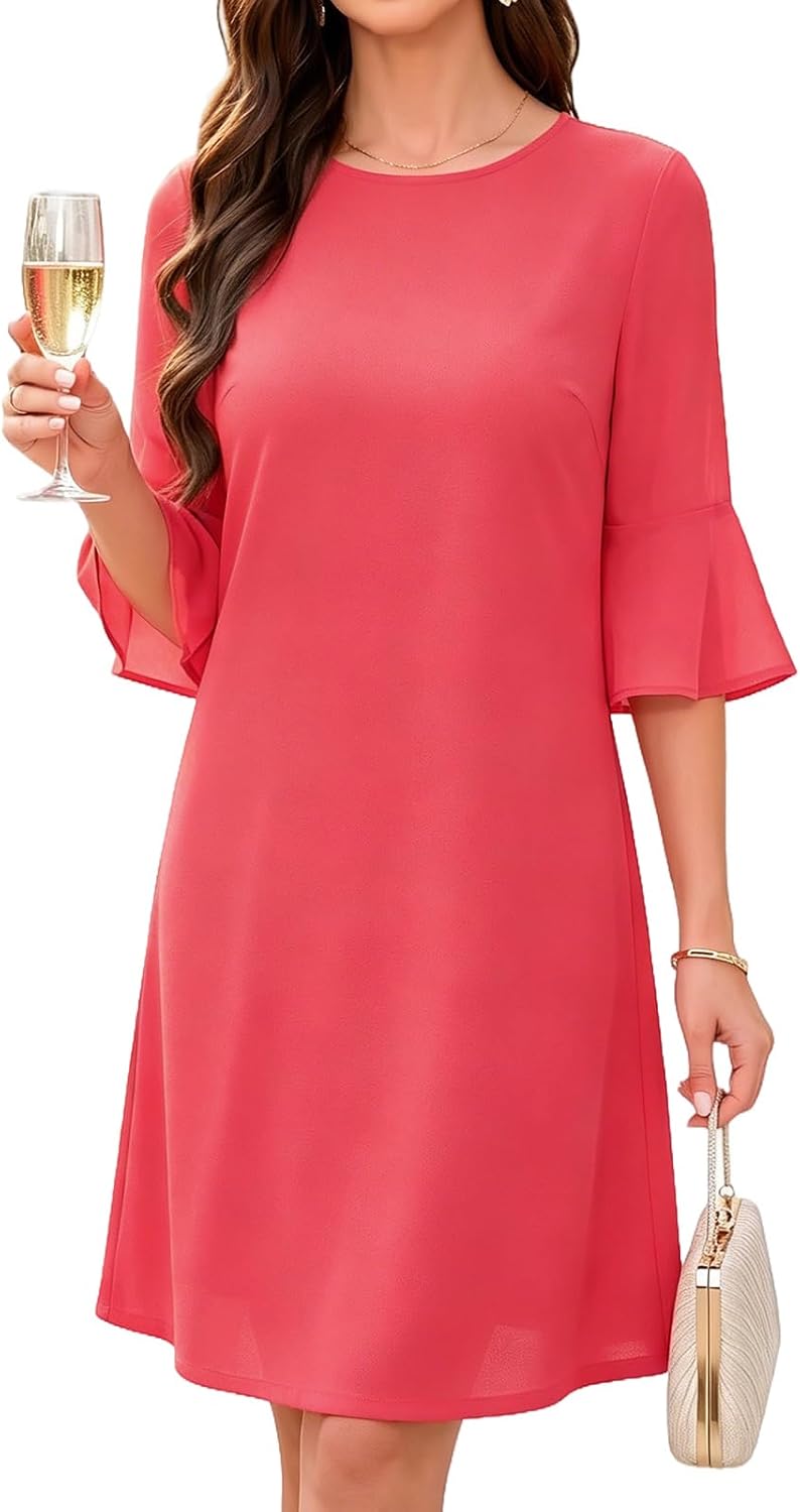 Chiffon Bell-Sleeve Crew-Neck A-Line Dress in Watermelon Pink