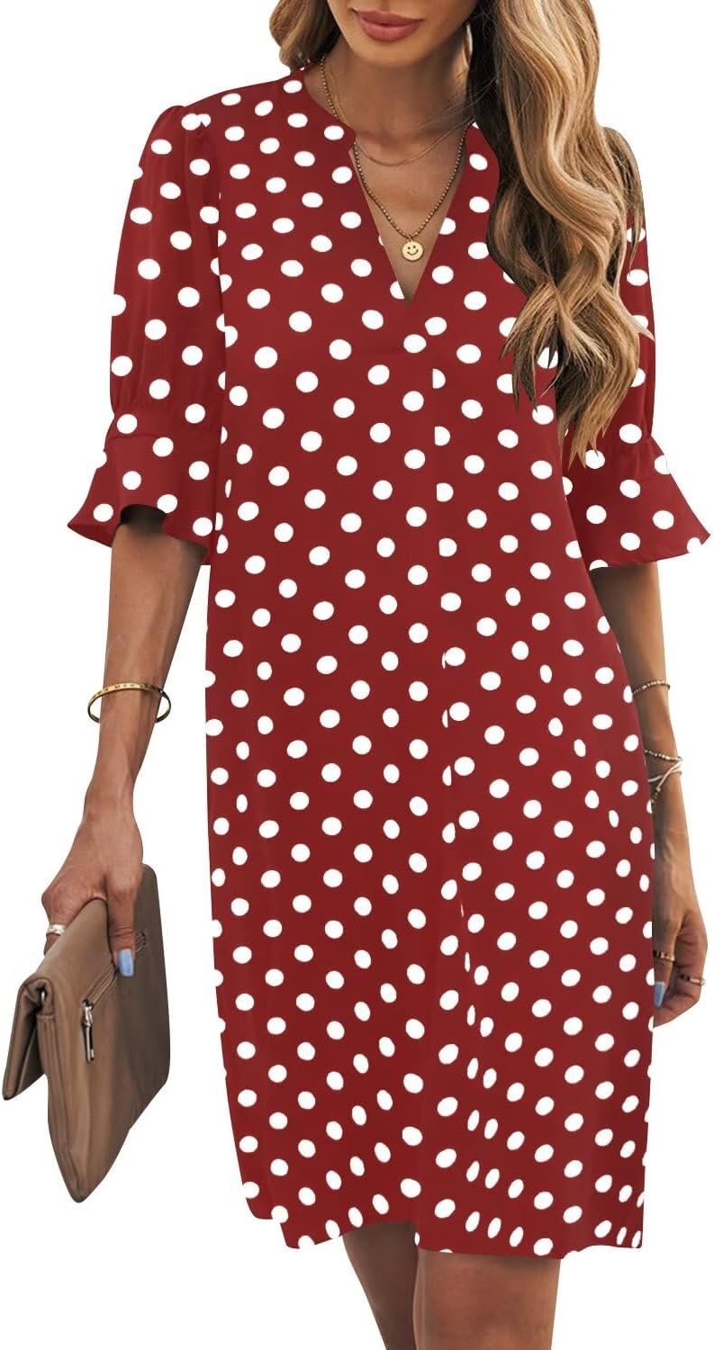 Ruffle-Sleeve V-Neck Swing Shift Mini Dress in Polka Dots Red