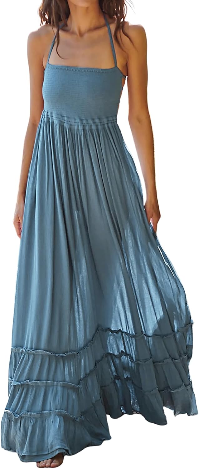 Smocked Ruffle Halter Backless Maxi Dress in Haze Blue