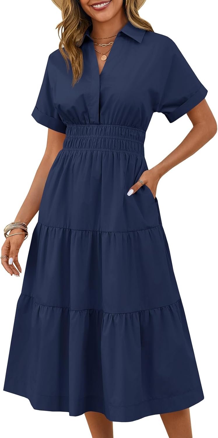 Collared Short-Sleeve Tiered Maxi Shirt Dress in Navy