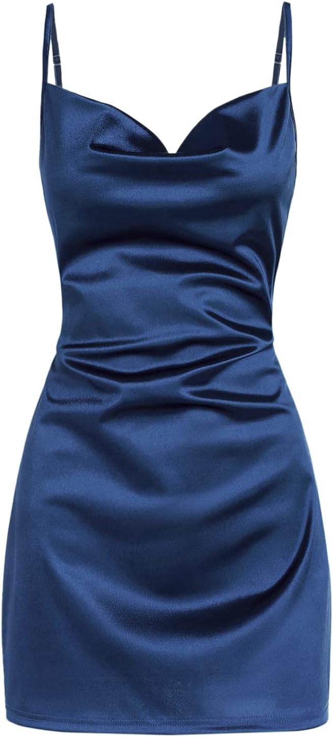 Satin Cowl-Neck Spaghetti Strap Slip Mini Dress in Navy Blue